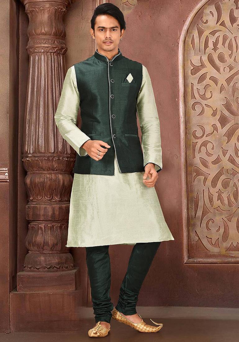 Rama green dupon art silk kurta, jacket with matching churidar
