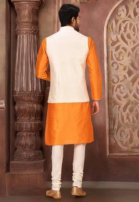 Cream dupon art silk kurta, jacket with matching churidar 3