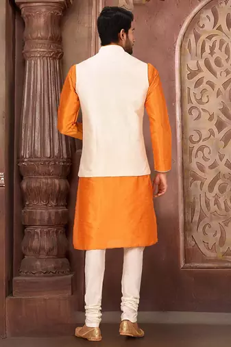Cream dupon art silk kurta, jacket with matching churidar
