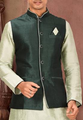 Rama green dupon art silk kurta, jacket with matching churidar 2