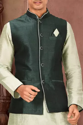 Rama green dupon art silk kurta, jacket with matching churidar