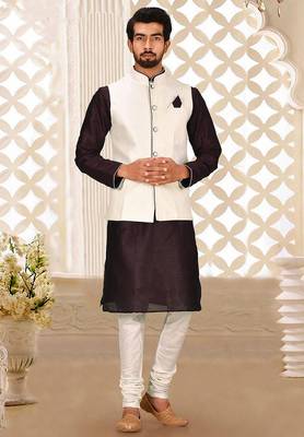 Cream dupon art silk kurta, jacket with matching churidar 1
