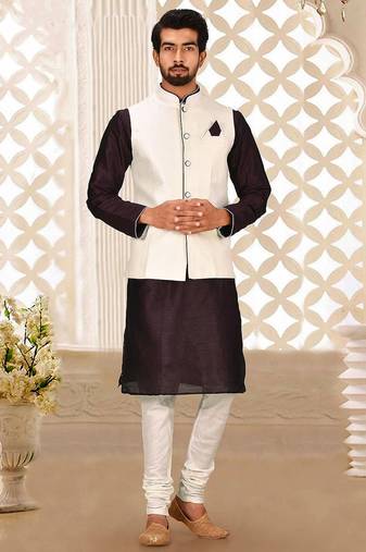 Cream dupon art silk kurta, jacket with matching churidar
