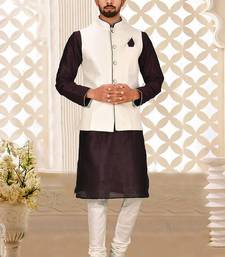 Cream dupon art silk kurta, jacket with matching churidar