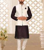Cream dupon art silk kurta, jacket with matching churidar