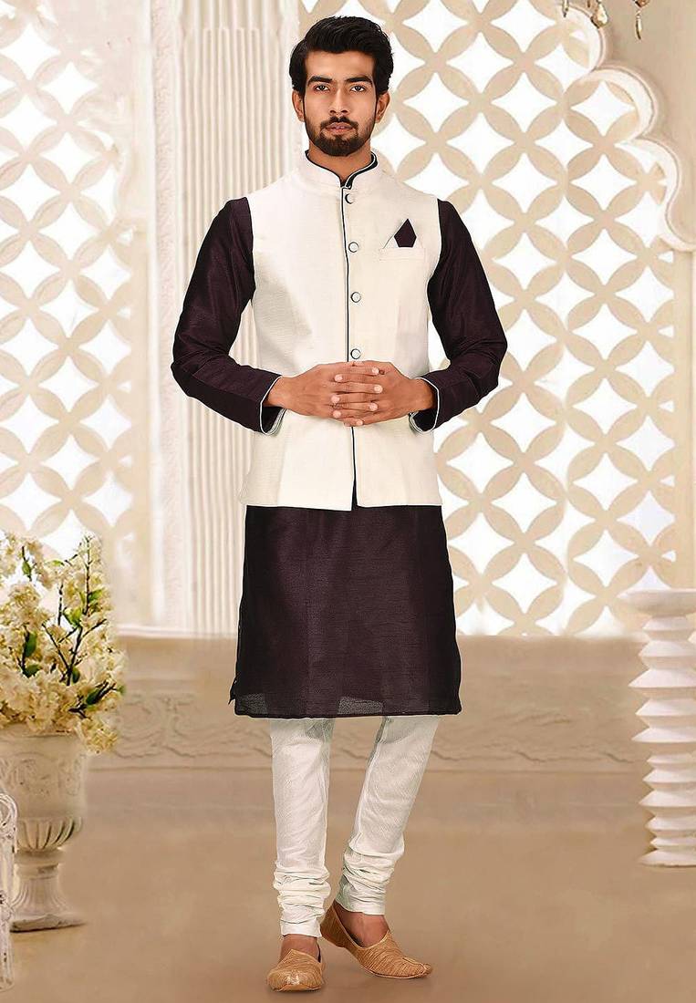 Cream dupon art silk kurta, jacket with matching churidar