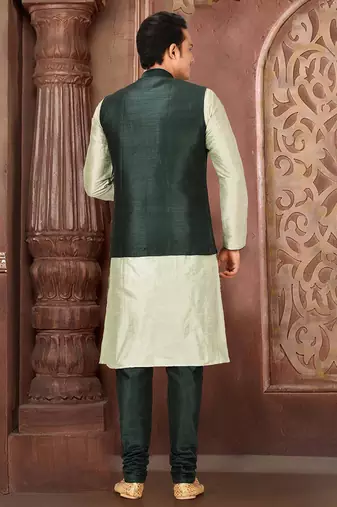 Rama green dupon art silk kurta, jacket with matching churidar