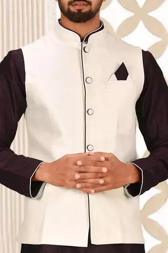 Cream dupon art silk kurta, jacket with matching churidar