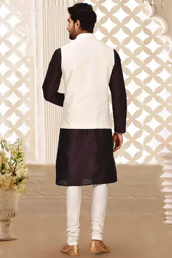 Cream dupon art silk kurta, jacket with matching churidar