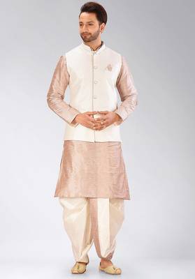 Light brown dupon art silk kurta, jacket with matching dhoti 1