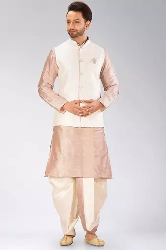 Light brown dupon art silk kurta, jacket with matching dhoti