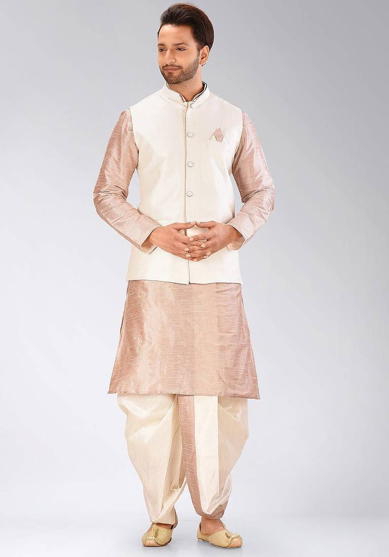 Light brown dupon art silk kurta, jacket with matching dhoti