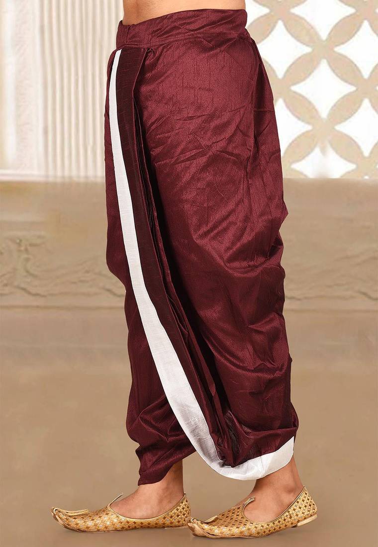 Red dupion art silk readymade dhoti with patch work