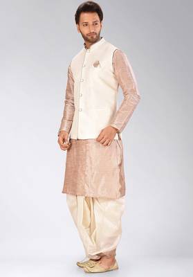 Light brown dupon art silk kurta, jacket with matching dhoti 3