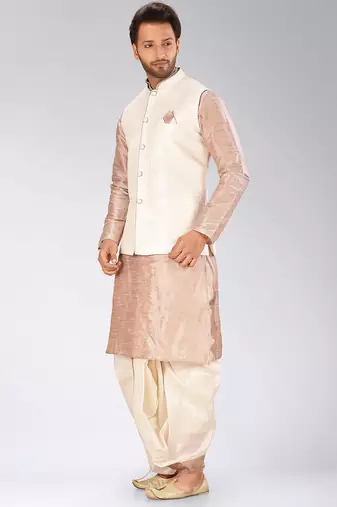 Light brown dupon art silk kurta, jacket with matching dhoti