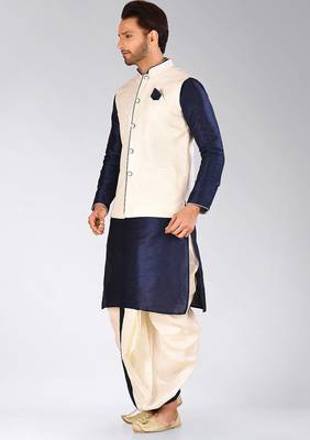 Navy blue dupon art silk kurta, jacket with matching dhoti 1