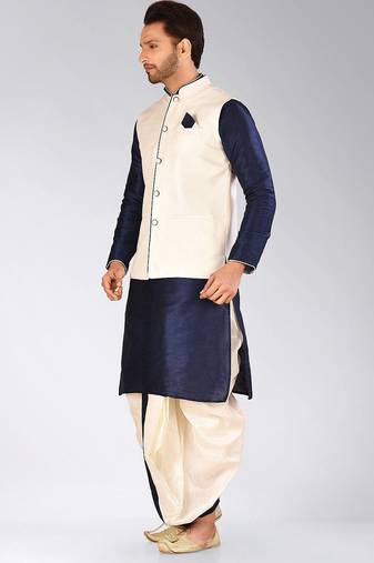 Navy blue dupon art silk kurta, jacket with matching dhoti