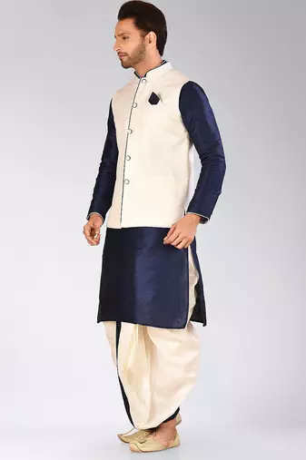 Navy blue dupon art silk kurta, jacket with matching dhoti