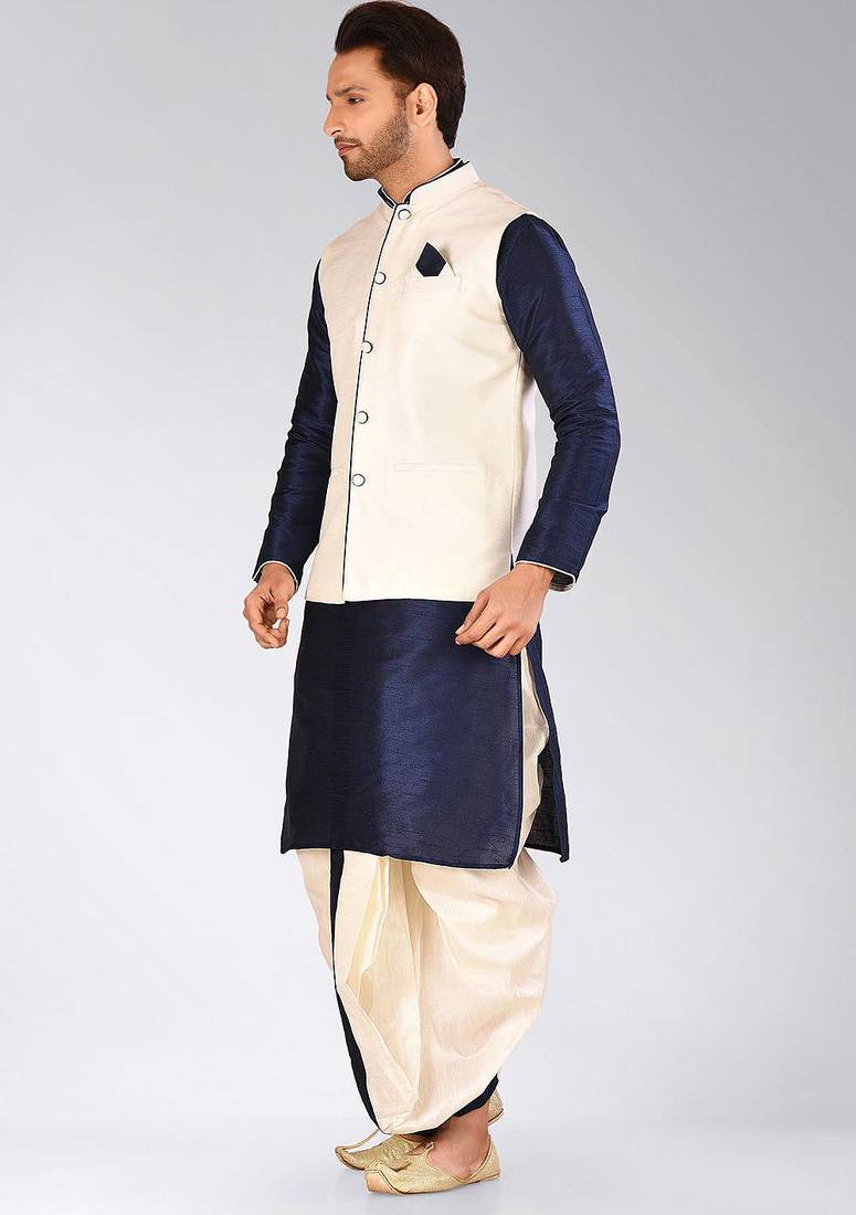 Navy blue dupon art silk kurta, jacket with matching dhoti