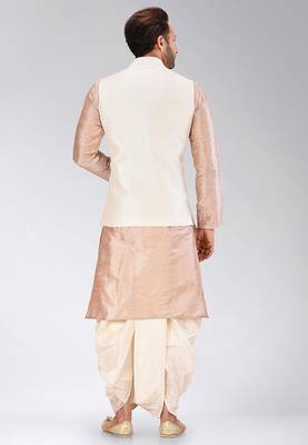 Light brown dupon art silk kurta, jacket with matching dhoti 4