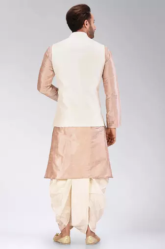 Light brown dupon art silk kurta, jacket with matching dhoti