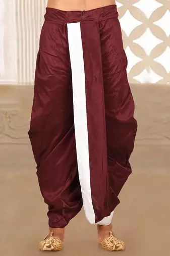Red dupion art silk readymade dhoti with patch work