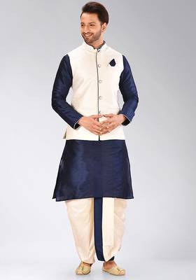 Navy blue dupon art silk kurta, jacket with matching dhoti 3