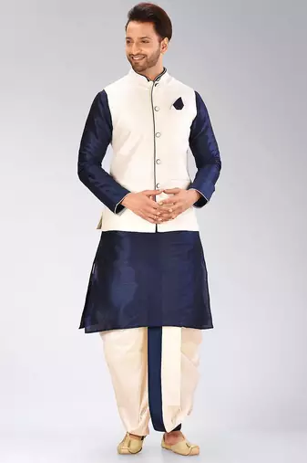 Navy blue dupon art silk kurta, jacket with matching dhoti