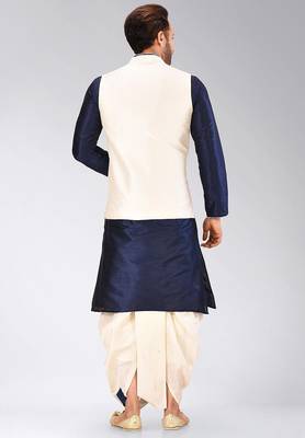 Navy blue dupon art silk kurta, jacket with matching dhoti 4