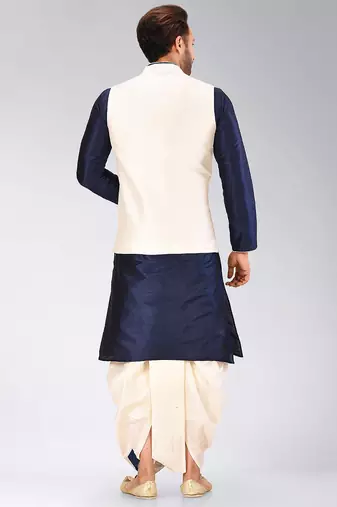 Navy blue dupon art silk kurta, jacket with matching dhoti