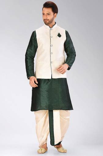 Rama green dupon art silk kurta, jacket with matching dhoti