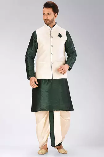 Rama green dupon art silk kurta, jacket with matching dhoti