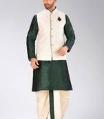 Rama green dupon art silk kurta, jacket with matching dhoti