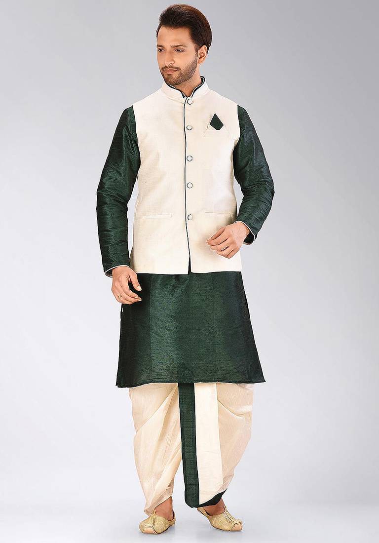 Rama green dupon art silk kurta, jacket with matching dhoti