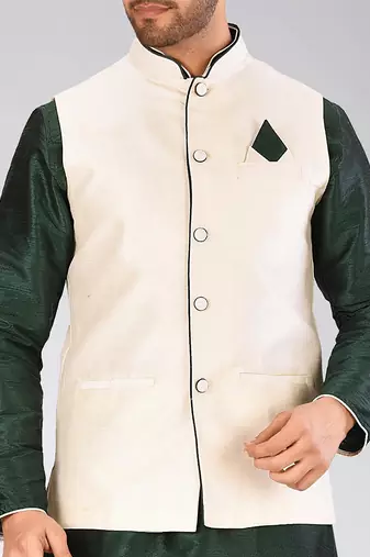 Rama green dupon art silk kurta, jacket with matching dhoti