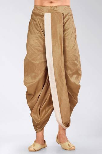 Beige dupion art silk readymade dhoti with patch work