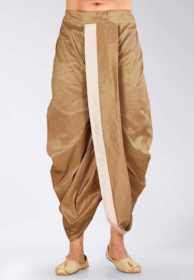 Beige dupion art silk readymade dhoti with patch work