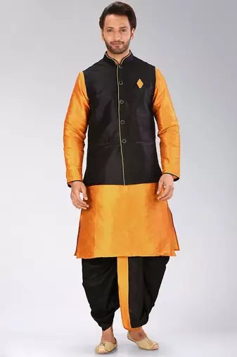Mustard dupon art silk kurta, jacket with matching dhoti