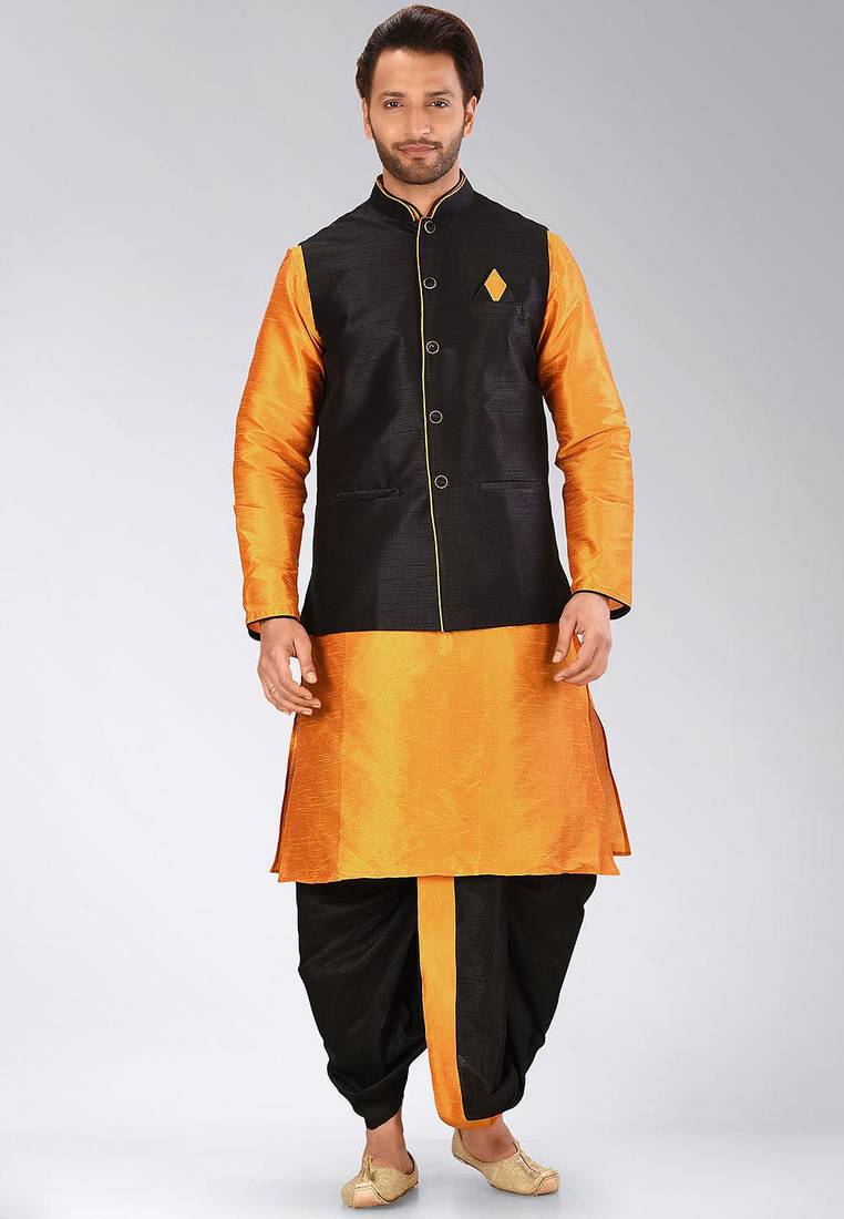 Mustard dupon art silk kurta, jacket with matching dhoti