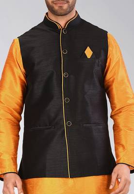 Mustard dupon art silk kurta, jacket with matching dhoti 2