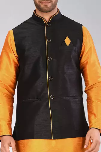 Mustard dupon art silk kurta, jacket with matching dhoti