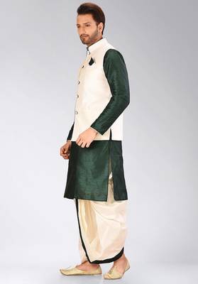 Rama green dupon art silk kurta, jacket with matching dhoti 3