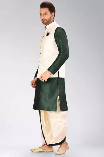 Rama green dupon art silk kurta, jacket with matching dhoti