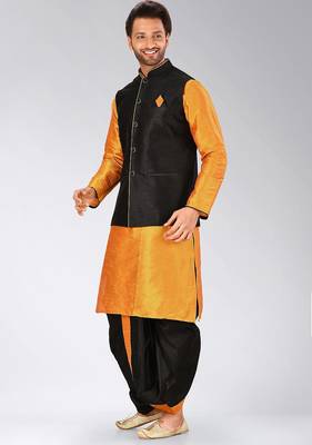 Mustard dupon art silk kurta, jacket with matching dhoti 3