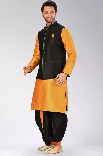 Mustard dupon art silk kurta, jacket with matching dhoti