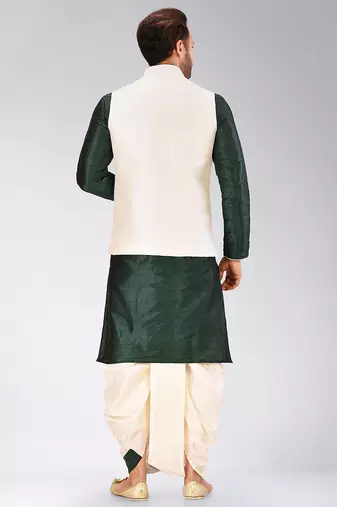 Rama green dupon art silk kurta, jacket with matching dhoti