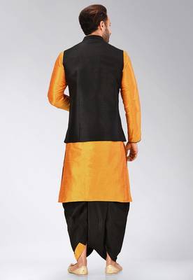 Mustard dupon art silk kurta, jacket with matching dhoti 4