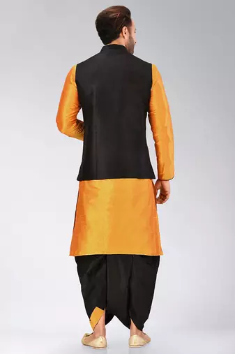 Mustard dupon art silk kurta, jacket with matching dhoti