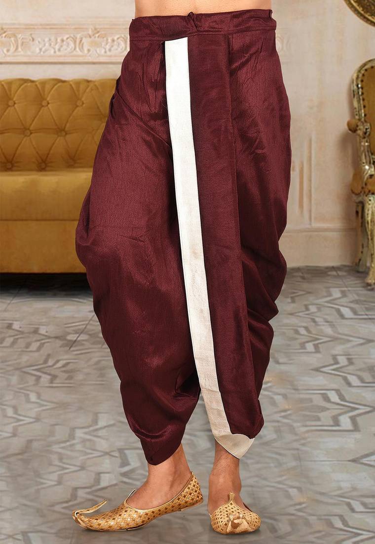 Maroon dupion art silk readymade dhoti with patch work