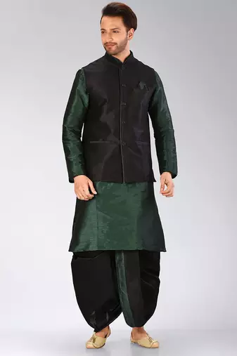 Rama green dupon art silk kurta, jacket with matching dhoti